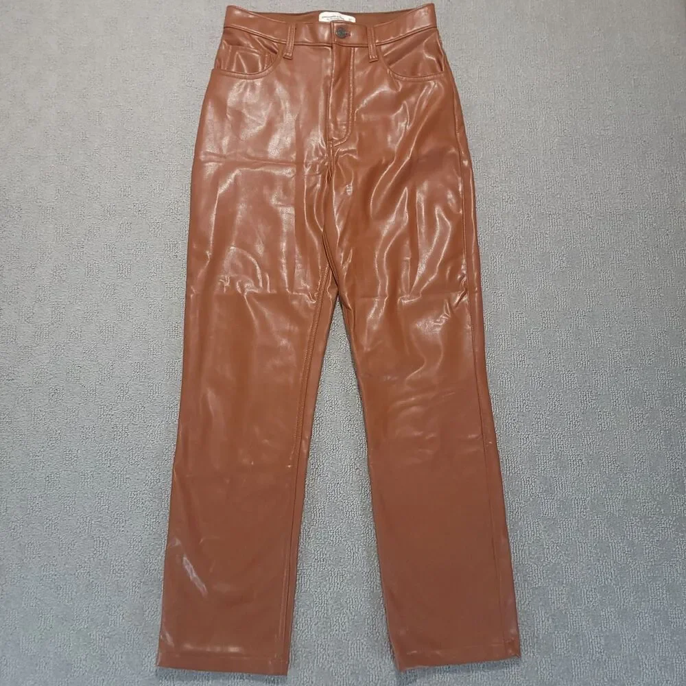 Abercrombie Fitch 90s Ultra High Rise Straight Faux Leather Pants Women 27 Brown